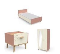 Chambre Complète Enfant - Lit 90x190 + Armoire avec Miroir + Table de Chevet - Thème Rose et Etoiles Dorées - Lot de Meubles de Chambre d'enfant à la Peinture Non Toxique - Chambre de Rêve Fille