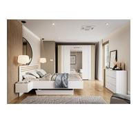 Meublorama Chambre complète Florence - Lit 160x200 + sommier + tiroirs + Armoire + Commode - Blanc et chêne