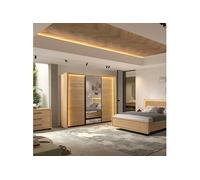 Chambre complète lit 140x200cm avec éclairage led + 2 chevets + commode + armoire aspect bois et noir - LUDY - ALTOBUY