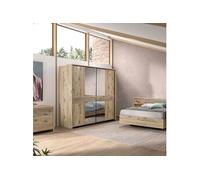 Chambre complète lit 180x200cm + tête de lit avec chevet et leds + commode + armoire aspect bois et noir - NIKITA - ALTOBUY