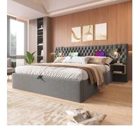 Chambre Complète - Lit Double 160x200 cm avec Tête de Lit Éclairée et Rangement Hydraulique - Velours Gris, Sans Matelas