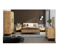 Chambre compléte style industriel collection MILOS : armoire 3 portes, lit 140x200, commode, chevets, chêne brut et noir