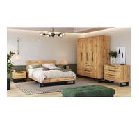 Chambre compléte style industriel collection MILOS : armoire, lit coffre 140x200, commode, chevets, chêne brut et noir