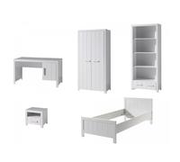 Chambre enfant Erik 90x200 cm en pin massif laqué blanc - Bureau, lit, table de chevet, armoire 2 portes et bibliothèque