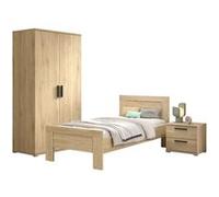 MARCO - Chambre Enfant Lit 90x200cm + Chevet + Armoire 2 Portes Aspect Chêne - Altobuy Marron G