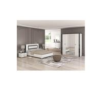 AltoBuy GAÏA - Chambre Lit 160x200 cm + Chevets + Commode + Armoire Laquée Blanc avec Décor Noir