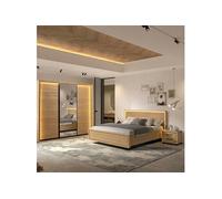 Chambre lit 160x200cm avec éclairage led + 2 chevets + armoire aspect bois et noir - LUDY -