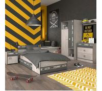 Chambre lit 90x200 avec tiroirs + 1 chevet + 1 armoire + 1 commode aspect bois grisé - ZIGGY
