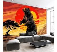 Chambre Papier Peint 3D Panoramique Ours Des Prairies Sauvage 300X210Cm Papier Peint Mural Animal Du Crépuscule Orange Brûlé Pour Salon Canapé Tv Fond Décoration, Personnalisable Grande Taille