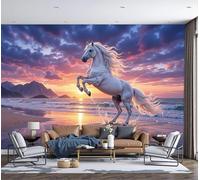 Chambre Papier Peint 3D Panoramique Sauvage Cheval Plage 350X256Cm Papier Peint Mural Animaux Du Coucher De Soleil Bleu Orangé Pour Salon Canapé Tv Fond Décoration, Personnalisable Grande Taille