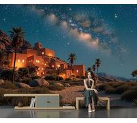 Chambre Papier Peint 3D Panoramique Style architectural traditionnel 450x315cm Papier Peint Soie Mural Ciel étoilé du village du désert pour Salon Canapé TV Fond Décoration, Personnalisable Bleu foncé