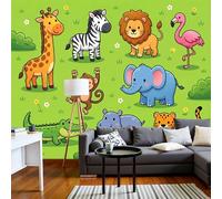 Chambre Papier Peint 3D Panoramique Thème Animaux De Dessin Animé 350X256Cm Papier Peint Mural Lion Girafe Éléphant Mignons Vert Pour Salon Canapé Tv Fond Décoration, Personnalisable Grande Taille