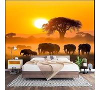 Chambre Papier Peint 3D PanoramiqueCoucher de Soleil Doré 450x315 cm Papier Peint Intissé Mural éLéPhants de Savane Africaine pour Salon Canapé TV Fond Décoration, Personnalisable Grande Taille