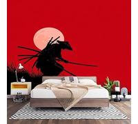 Chambre Papier Peint 3D PanoramiqueSilhouette de Samouraï Japonais 200x140 cm Papier Peint Intissé Mural Rouge pour Salon Canapé TV Fond Décoration, Personnalisable Grande Taille
