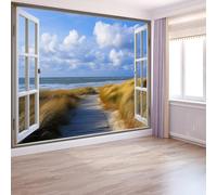 Chambre Papier Peint Panoramique 3D Fenêtre Plage Paysage Poster, Geant Papier Peint Intissé Mural Bleu clair pour Salon Canapé TV Fond Décoration Murale 350 x 256 CM