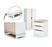 AT4 - Grande Chambre CARROUSEL Blanc et Hêtre Verni | Lit évolutif 70x140 en lit junior| 2 portes avec penderie et 7 tablettes de rangement | Commode avec plan à langer