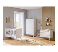 Chambre trio Lit bébé 60 x 120 cm + Commode 3 tiroirs + Armoires 2 portes Vintage blanc