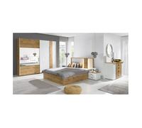 Chambre WOOD coloris chêne et blanc avec lit 160x200 LED, commode, chevets et armoire