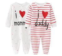 Chamie Grenouillère à manches longues en coton pour bébé 0-3 m/3-6 m/6-9 m/9-12 m, I love mommy daddy, 12 mois