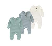Chamie Grenouillère en tricot à manches longues pour bébé garçon fille sans pieds 0-24 mois, Combinaison une pièce beige + vert + bleu pour bébé, 12-18 Months
