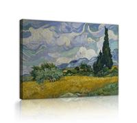 Champ de blé aux cyprès sur toile arbres verts 85x100cm | Tableau impressionniste encadré de paysage estival et nuages pour salon bureau de campagne