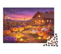 Champ de Citrouilles Crépuscule dAutomne Puzzle 1000 Pièces Papier Puzzle pour Adultes Scène Nocturne de Maison Détente Interaction Cadeau 38x26cm/1000pcs