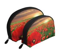 Champ de Coquelicots au Coucher du Soleil, Trousse de Maquillage Coquille Femme Petit Porte-Monnaie Trousse de Toilette Trousse à cosmétiques 2 pièces