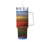 Champ de coquelicots rouges au coucher du soleil (imprimé),Gobelet isotherme Ice Bully de 40 oz avec poignée, couvercle et paille, en acier inoxydable, pour voiture ou café.