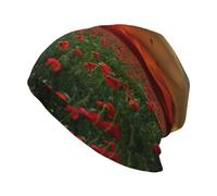 Champ de Fleurs de Pavot Rouge au Coucher du Soleil imprimé,Bonnet tricoté en Polyester avec tête de Mort, Cagoule, Bonnet Ample, Chapeau de Course