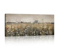 Champ de Fleurs Sauvages Vintage Grand Tableau Decoration Murale Avec Bois, Paysage de Prairie Fleurie Impression Sur Toile Ferme Moderne Peinture Maison Décor pour Chambre Salon Cuisine 50X120cm