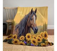 Champ De Tournesols, Cheval Brun Couverture De Canapé Lavable, Réalisme Animal Couverture Flanelle Doux Et Confortable pour Chambre Canapé Et Lit Décoration 220x240cm