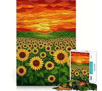 Champ de tournesols en vitrail au Coucher du Soleil, Puzzle de 1000 pièces pour Adolescents, Cadeau saisonnier Relaxant et Amusant 38x26cm