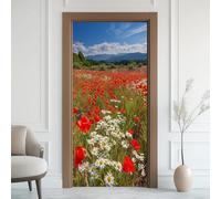 Champ Fleurs Effet 3D Sticker Porte, Marguerite Coquelicot Papier Autocollant Porte Mural Décoration, Paysage Naturel Stickers Muraux Amovible PVC 95x215 cm