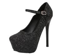 Champagne Color Sequined Women's Shoes Thin High Heels 14cm Platform 5cm Ladies Pumps Ankle Buckle Stiletto Party(Black,37)