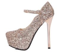 Champagne Color Sequined Women's Shoes Thin High Heels 14cm Platform 5cm Ladies Pumps Ankle Buckle Stiletto Party(Gold,37)