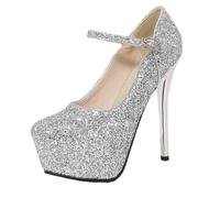 Champagne Color Sequined Women's Shoes Thin High Heels 14cm Platform 5cm Ladies Pumps Ankle Buckle Stiletto Party(Silver,37)
