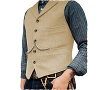 Champagne Gilets Sans Manche Désinvolte Homme Costume Formel Gilet de Costume de Tailleur en Lainage la Laine Tweed Rétro Arête de Hareng col Cranté élégant Garçons d'Honneur de Mariage de Bal-S