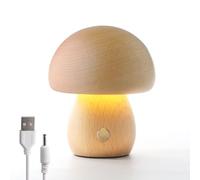 Champignon en Bois, Lampe de Chevet Portable à Intensité Variable Rechargeable USB, Veilleuse Sans Fil, Table Décorative pour la Maison (Hêtre)