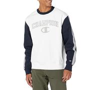 Champion Chandail en molleton à col ras-du-cou pour hommes, chandail tissé pour hommes, sweat-shirt avec logo pour hommes, Blanc/bleu marine/gris mat, Small