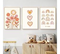 champracer Lot de 3 posters pour chambre d'enfant - Décoration bohème - Fleurs roses - Soleil - Arc-en-ciel - Décoration murale - Sans cadre - Style bohème - 21 x 30 cm - A