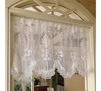 champracer Rideau court, style maison de campagne, bohème, court, vintage, dentelle crochetée, motif floral, rétro, pour bistrot, petit rideau, cuisine, porte avec pompon, 1 pièce, l 140 x H 65 cm