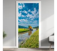 Champs de Blé Tracteur Effet 3D Sticker Porte, Bâtiment Rural Papier Autocollant Porte Mural Décoration, Paysage Naturel Stickers Muraux Amovible PVC 95x215 cm