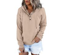 Chandail à capuche grande taille pour femme - Chandail à capuche léger en coton avec fermeture à cordon de serrage et fermeture éclair quart de boutonnage avec poche et cordon de serrage, beige, 3XL