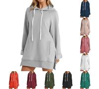 Chandail à capuche long pour femme noir surdimensionné à ourlet fendu tendance décontracté à manches longues avec poche, Orange, L
