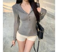 Chandail à capuche pour femme, demi-ouvert, boutonné, à manches longues, cardigan pour l'automne et l'hiver, superposition décontractée (L gris)