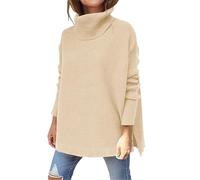 Chandail à col roulé fendu sur le côté, pulls d'automne surdimensionnés | Pull habillé décontracté en tricot baggy léger de couleur unie pour femme