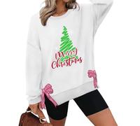 Chandail de Noël pour femme avec fente latérale et nœud imprimé - Pull amusant à col rond et manches longues, blanc, XL