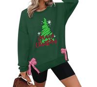 Chandail de Noël pour femme avec fente latérale et nœud imprimé - Pull amusant à col rond et manches longues, Vert, L