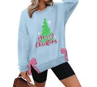 Chandail de Noël pour femme avec fente latérale et nœud imprimé - Pull amusant à col rond et manches longues, bleu ciel, XXL