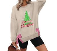 Chandail de Noël pour femme avec fente latérale et nœud imprimé - Pull amusant à col rond et manches longues, kaki, M